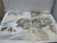Two Signed Japanese Silk Paintings 17"x 48"