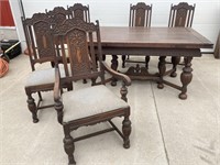 Wood dining room table, 5 chairs, 1 armchair