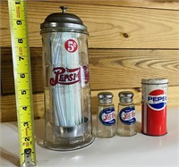Pepsi Straw Holder, Salt/Pepper Shakers & Tin w/