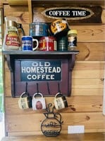 Vintage Coffee Lot Tins, Wooden Shelf & Mug