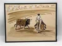 Signed Angel Zapata watercolor & ink bullfighting