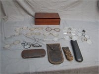Assorted Antique Eye Glasses In Wooden Box