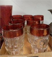 TRAY OF CUT CLEAR AND CRANBERRY GLASSES