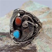 STERLING SILVER TURQUOISE CORAL MEMS SZ 12 RING