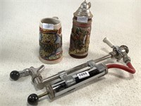 Beer Keg Tap W/ Faucet & Handle & (2) Steins