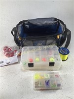 Bag with Assorted Fishing Lures, Bobbers, & Line