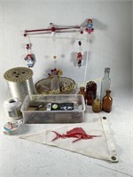 Assorted Fishing Lures & Line, Amber Glass & More