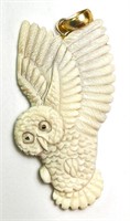 Sterling Large Carved Ox Bone Owl Pendant