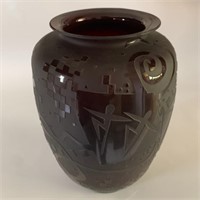 Early Ruby Glass Etched Vase
