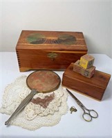 (2) WOOD JEWELRY BOXES & MIRROR