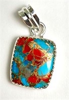 Sterling Turquoise/Coral Pendant (Nice) 3.6 Grams
