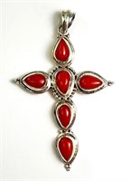 Solid Sterling Large Coral Cross Pendant 23 Grams