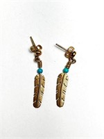 14 Kt Gold Native Signed Turquoise Earrings 1 Gram