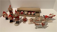 11 Paper Mache Santas & Glass Snowmen