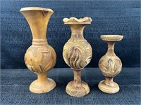 Lot of 3 Olive Wood Carved Vases