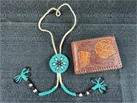 Beaded Bolo Tie with Leather Wallet