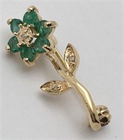 14k Gold, Diamond And Emerald Flower Pin