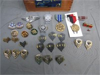 Assorted Military Metals & Pins in Wooden Box