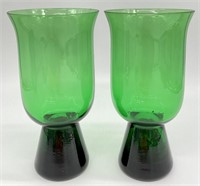 2pc MCM Green Glass Pedestal Vases