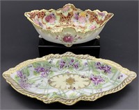 2pc Hand Painted Asian Moriage Porcelain