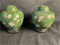 Pair, Chinese Cloisonne Green Lidded Jars