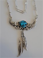 NA Sterling Silver Turquoise Feather Necklace on P