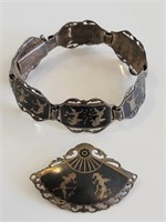 Vintage Siam Sterling Silver Bracelet + Pin Set