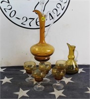 Vintage Amber Glass Wine Jug & Glasses