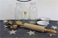 Milk bottles, Rolling pin, trinket, bowls