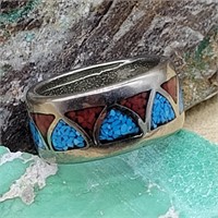 STERLING SILVER W/ TURQUOISE & CORAL CHIPS RING