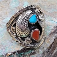 MENS STERLING SILVER TURQUOISE & CORAL RING SZ 11