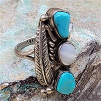 STERLING SILVER TURQUOISE & MOP RING SZ 7.25
