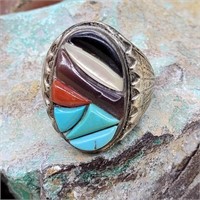 MENS STERLING SILVER W/ TURQUOISE ONYX & CORAL