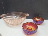 Carnival Glass Candle Holders & 8.5" w Pink Bowl