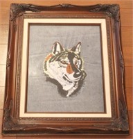 Framed embroidery of wolf on denim - 17 x 20