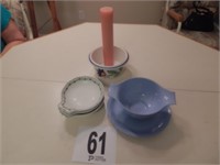 (1) Gravy Bowl, (3) Small Bowls & (1) Candle