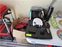 Box of Electronic Items: Radio, Cords, Speakers, E