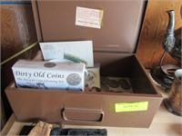 Metal Box of Assorted Coins, Money & Stamps