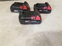 3 Milwaukee M18 Lithium Batteries 1 Charged 2 Not