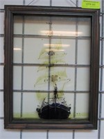 Framed Etching On Glass Of Sailing Ship