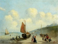Dutch School: 19th Century People & Boats on Beach