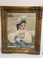 Antique Painting, Woman Outdoors, Winter Scene