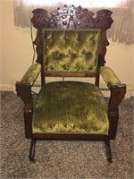 Antique Olive Green Velvet Gothic Carved Arm Chair