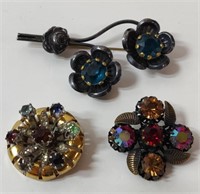 3 ANTIQUE BROOCHES, UNUSUAL COLORFUL & SPARKLY