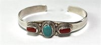 Solid Sterling Turquoise/Coral Cuff Bracelet 17 Gr