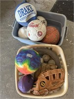 Baseball gloves and various balls