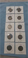 10 Assorted Silver Nickels (1901,03,08,11 & 1912)