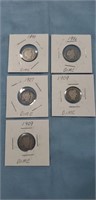 5 Assorted Silver Dimes (1899, 1906, 07 & 1909)