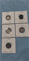 5 Assorted Silver Dimes (1938,39, 43 & 1944)