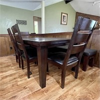Dining Table w/ Padded Bench, 6 Chair, & Leaf